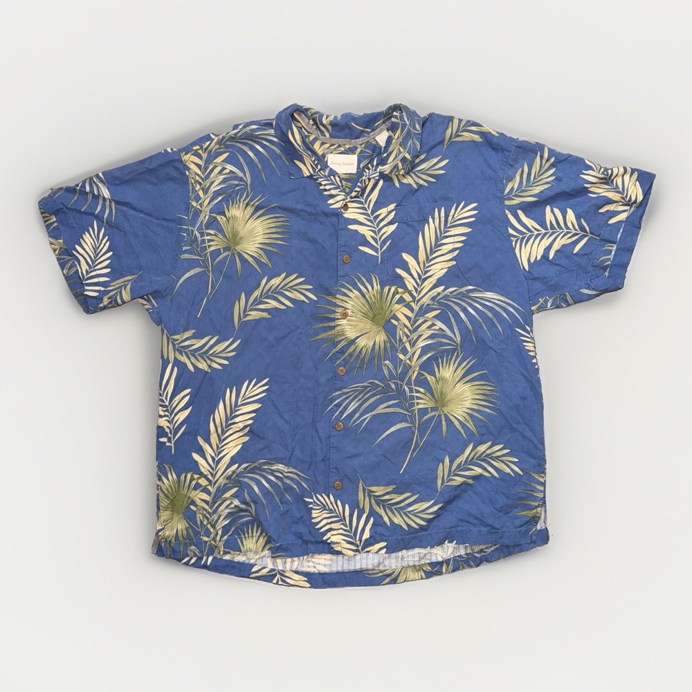 Tommy Bahama Hawaiian Print Shirt Blue 100% Silk Button Up Mens Size XXL 2XL
